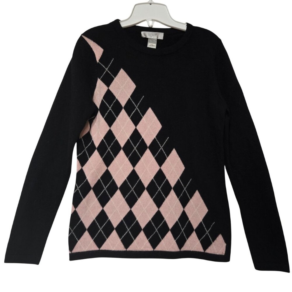 McDuff Cashmere Sweater S Pink Black Asymmetric Argyle Pattern